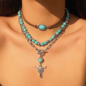 Multicolor Women's Bohemian Western Style faux Turquoise Beaded necklace set